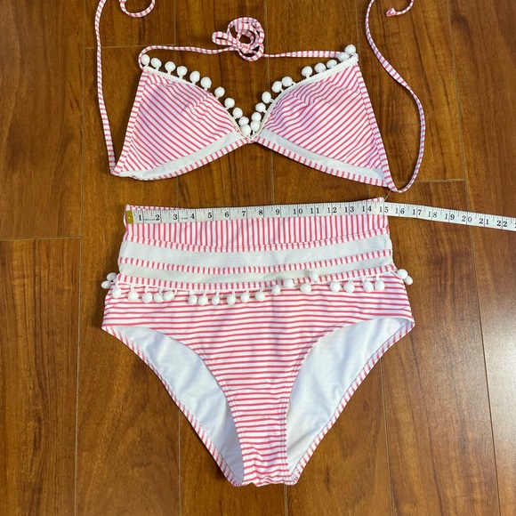 COCOSHIP Boho Pom Pom High Waist 2 PIECE BIKINI Pink Stripes Size 14 - Picture 8 of 9